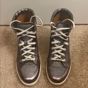 Jimmy Choo Metallic Anthracite and Gray Camoscio Spirit High-Top Sneakers 37